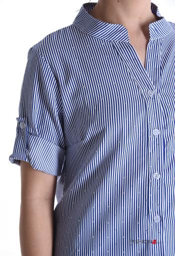 Striped short sleeve crew neck Cotton Shirt with buttons with rhinestones - ph 4