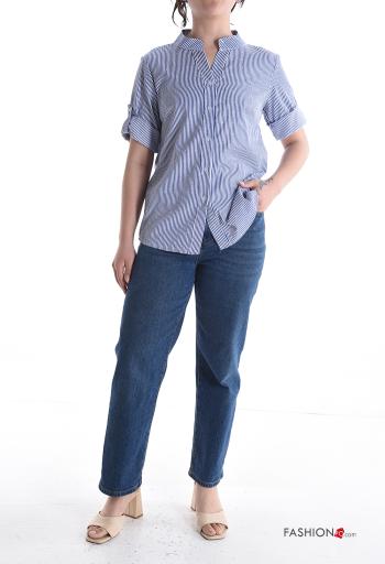 Striped short sleeve crew neck Cotton Shirt with buttons with rhinestones - ph 5