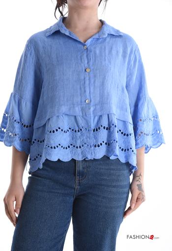 Chemise en Lin à collet à broderie à boutons manches à trois-quarts à volants - ph 1