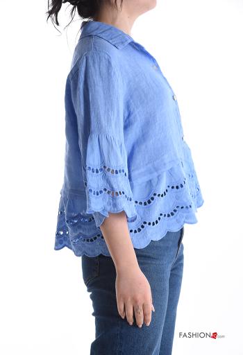 Chemise en Lin à collet à broderie à boutons manches à trois-quarts à volants - ph 3