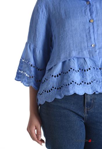 Chemise en Lin à collet à broderie à boutons manches à trois-quarts à volants - ph 4