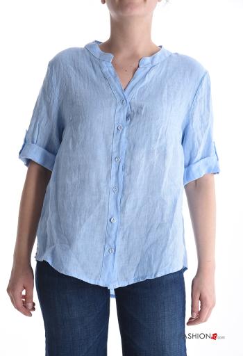 short sleeve crew neck Linen Shirt with buttons - ph 1