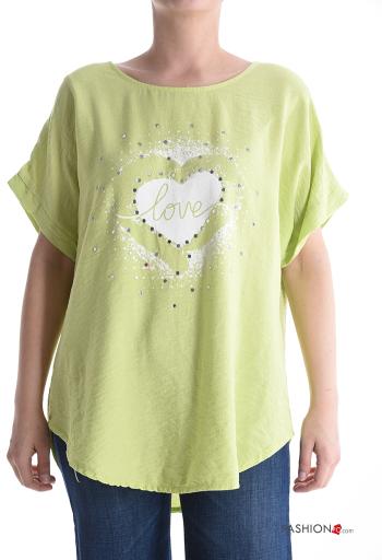 Blusa maniche corte girocollo Fantasia cuore con strass