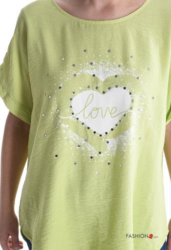 Blusa maniche corte girocollo Fantasia cuore con strass - ph 4