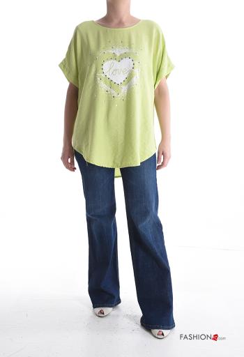 Blusa maniche corte girocollo Fantasia cuore con strass - ph 5