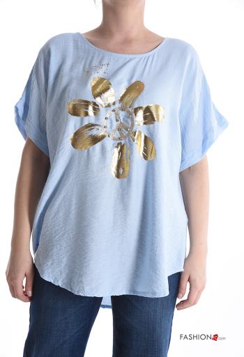 Blouse métallique col rond manches courtes Imprimé mixte avec strass