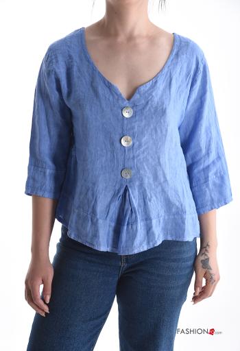 Blouse en Lin à col en V manches à trois-quarts à boutons