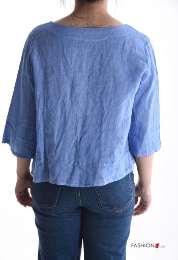 Blouse en Lin à col en V manches à trois-quarts à boutons - ph 2