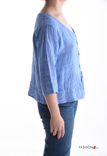 Blouse en Lin à col en V manches à trois-quarts à boutons - ph 3