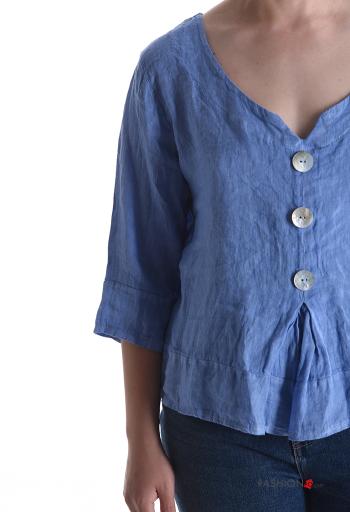 Blouse en Lin à col en V manches à trois-quarts à boutons - ph 4