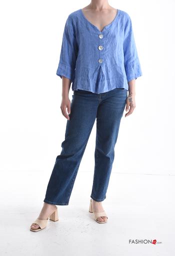 Blouse en Lin à col en V manches à trois-quarts à boutons - ph 5