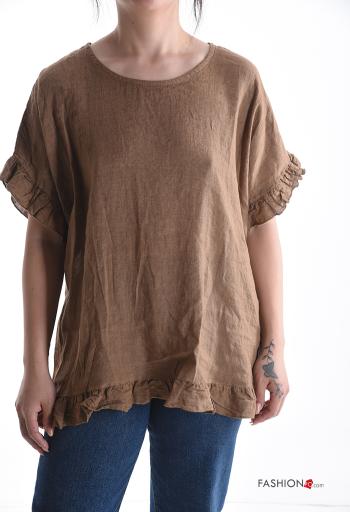 Blusa in Lino maniche volant maniche corte girocollo