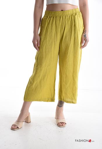 Pantalone in Lino wide leg con tasche con elastico