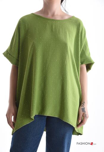 short sleeve crew neck oversized Blouse with rhinestones