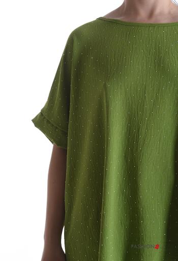 short sleeve crew neck oversized Blouse with rhinestones - ph 4