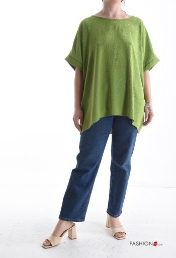 short sleeve crew neck oversized Blouse with rhinestones - ph 5