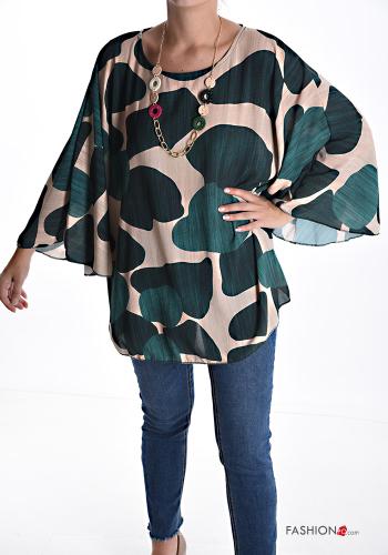 Blouse manches à volant col rond Imprimé abstrait avec collier - ph 1