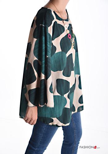 Blouse manches à volant col rond Imprimé abstrait avec collier - ph 3