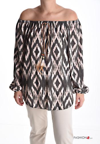Batik Muster lange ärmel Bluse mit gummizug bardot-ausschnitt - ph 1