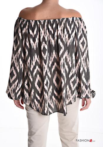 Batik Muster lange ärmel Bluse mit gummizug bardot-ausschnitt - ph 2