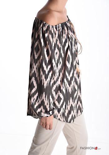 Batik Muster lange ärmel Bluse mit gummizug bardot-ausschnitt - ph 3