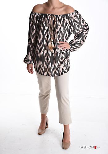Batik Muster lange ärmel Bluse mit gummizug bardot-ausschnitt - ph 5