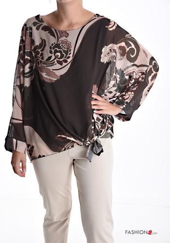 Abstrakte Muster chiffon u-boot ausschnitt Bluse mit knoten - ph 1