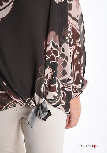 Abstrakte Muster chiffon u-boot ausschnitt Bluse mit knoten - ph 4
