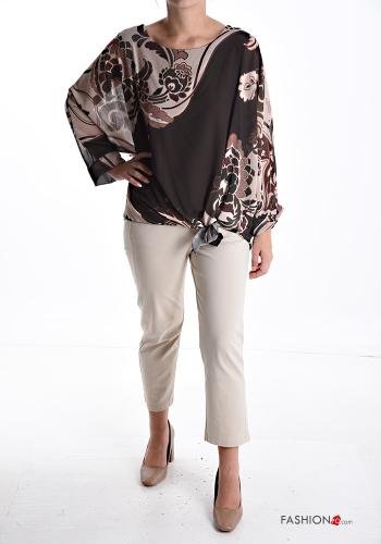 Abstrakte Muster chiffon u-boot ausschnitt Bluse mit knoten - ph 5