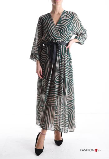 Abito chiffon Fantasia astratta maniche a tre quarti con cintura in stoffa scollo a V con fodera - ph 1
