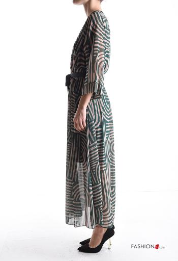 Abito chiffon Fantasia astratta maniche a tre quarti con cintura in stoffa scollo a V con fodera - ph 3