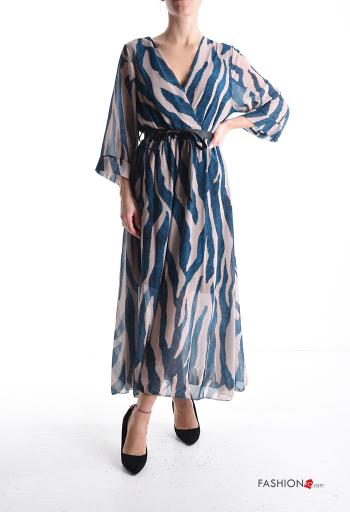 Abito chiffon Fantasia astratta maniche a tre quarti con cintura in stoffa scollo a V con fodera - ph 1