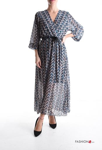 Abstract print chiffon Dress 3/4 sleeve with fabric belt with lining with v-neck - ph 1