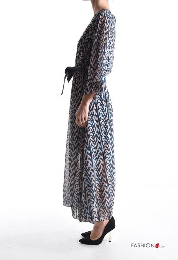 Abstract print chiffon Dress 3/4 sleeve with fabric belt with lining with v-neck - ph 3