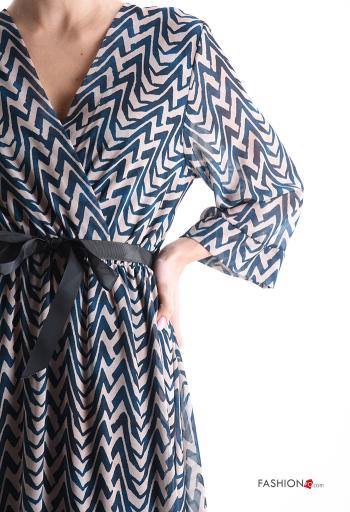 Abstract print chiffon Dress 3/4 sleeve with fabric belt with lining with v-neck - ph 4