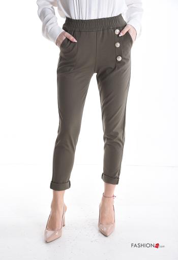 skinny Cotton Trousers with buttons with elastic with pockets