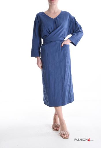Abito in Cotone maniche lunghe con fusciacca scollo a V con cintura in stoffa - ph 1