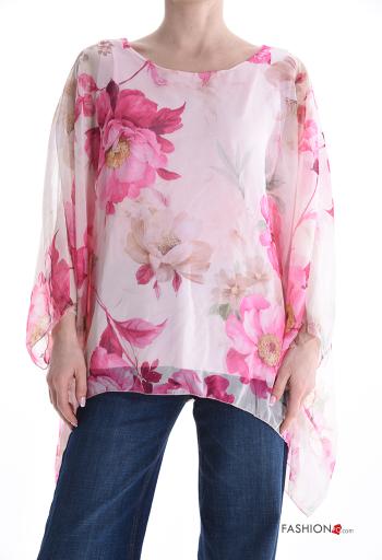 Blouse chiffon col rond manches à volant à Imprimé Floral avec doublure manches à trois-quarts