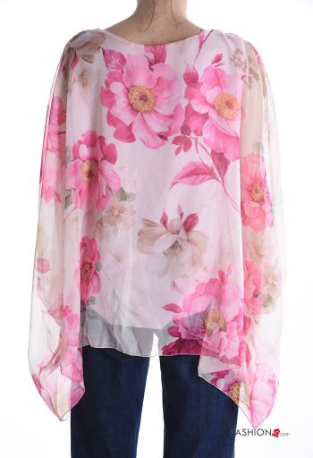 Floral ruffle sleeve crew neck chiffon Blouse with lining 3/4 sleeve - ph 2