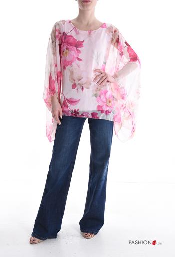 Floral ruffle sleeve crew neck chiffon Blouse with lining 3/4 sleeve - ph 5
