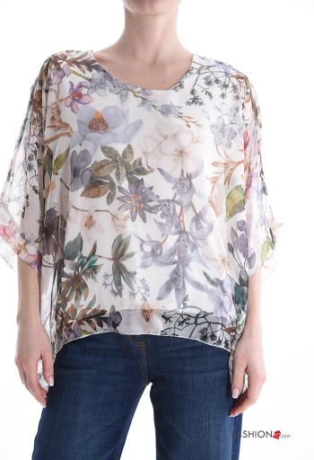 Blouse chiffon col rond à Imprimé Floral avec doublure manches à trois-quarts