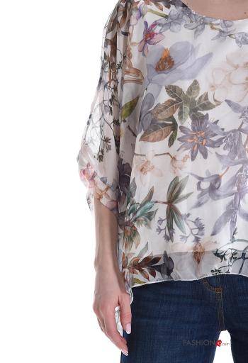 Floral chiffon crew neck Blouse with lining 3/4 sleeve - ph 4