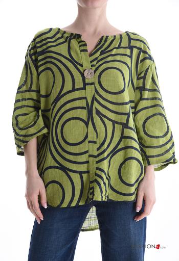 Blouse en Coton à Imprimé Géométrique à boutons manches à trois-quarts