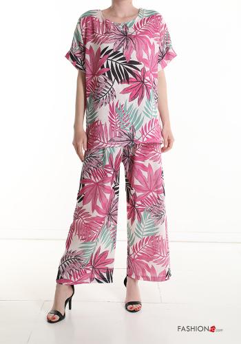 Ensemble coordonné en Lin manches courtes wide leg Imprimé feuilles avec élastique - ph 1