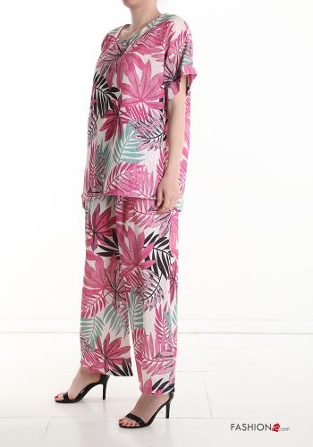 Ensemble coordonné en Lin manches courtes wide leg Imprimé feuilles avec élastique - ph 3
