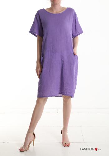 Robe en Coton manches courtes à genoux avec poches - ph 1