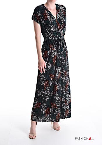Robe manches courtes longue imprimé à col en V avec ceinture écharpe - ph 1
