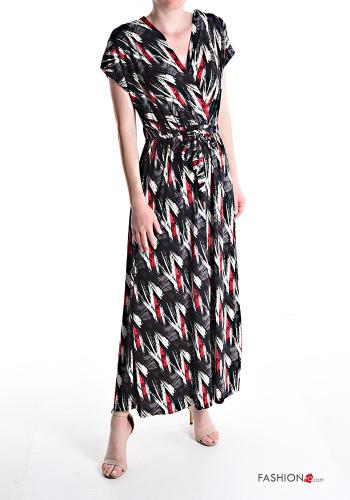 Patterned short sleeve long Dress with v-neck with sash