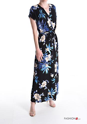 Robe manches courtes longue à Imprimé Floral à col en V avec ceinture écharpe - ph 1