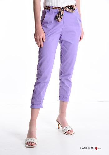 Cotton Trousers with fabric belt with elastic with pockets - ph 1